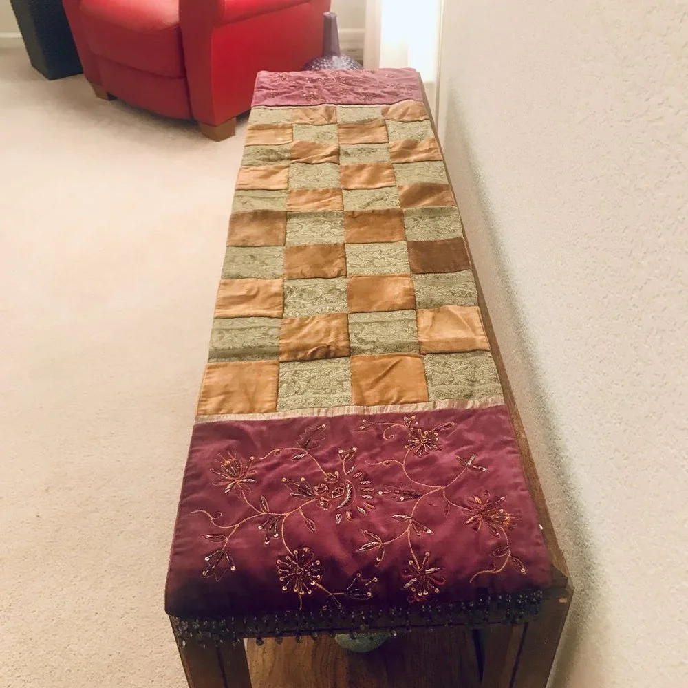 Z Gallerie Decorative Table Runner Velvet & Silk Patchwork w Beads 14